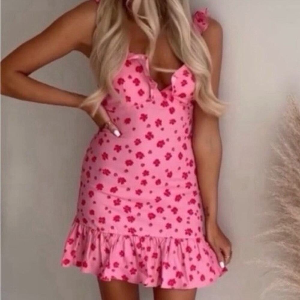 ZARA Pink and Red Linen Blend Ruffled Floral Print Mini Dress Size Small NWT